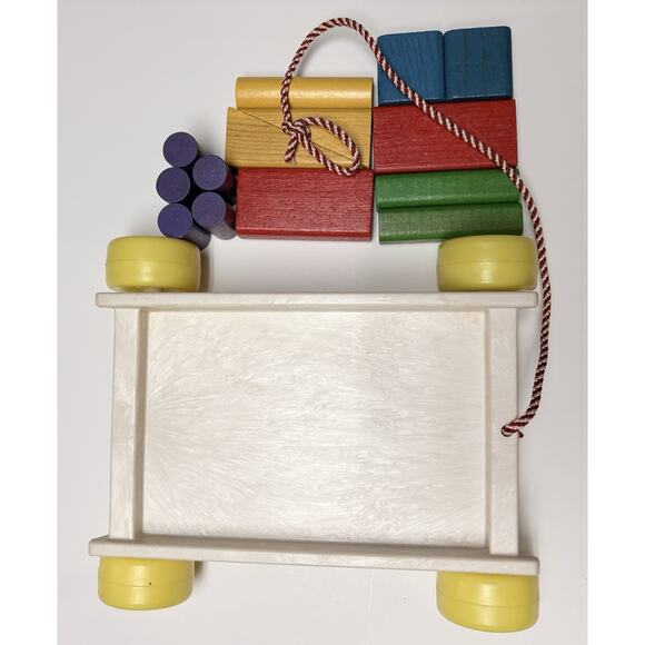 Vintage Playskool Wagon Of Blocks 1976 Wooden Building Shapes Colors Pull Along - Picture 4 of 6